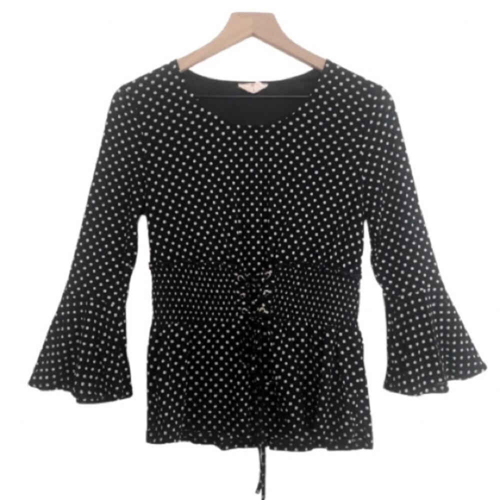 Ember Black and White Polka Dot Corset Waist 3/4 Bell Sleeve Peplum Blouse Top